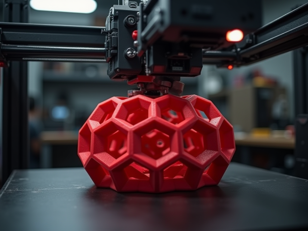 Red 3D printed geometric object demonstrating carbon nanotube enhanced plastic